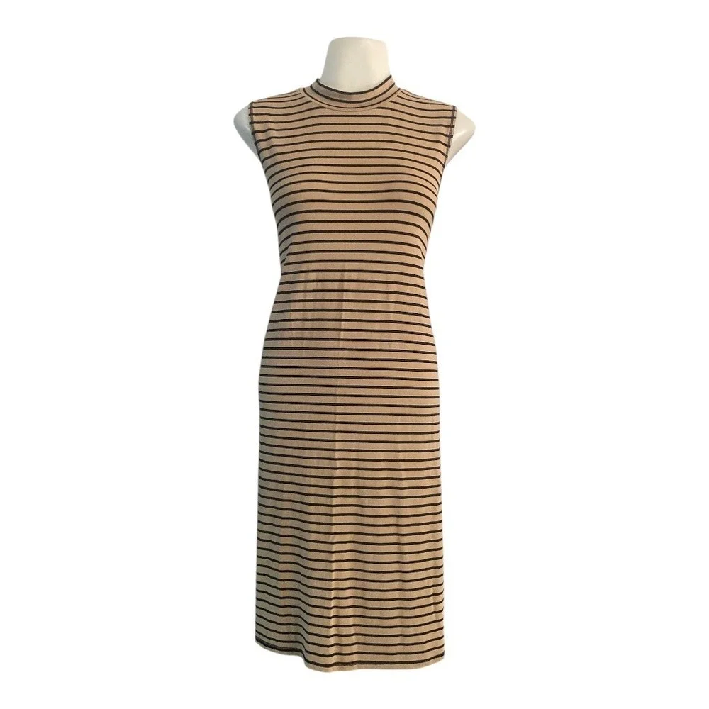 Another Love Bodycon Dress Striped Sleeveless Mock Neck Tan Black Size Large - Picture 1 of 5